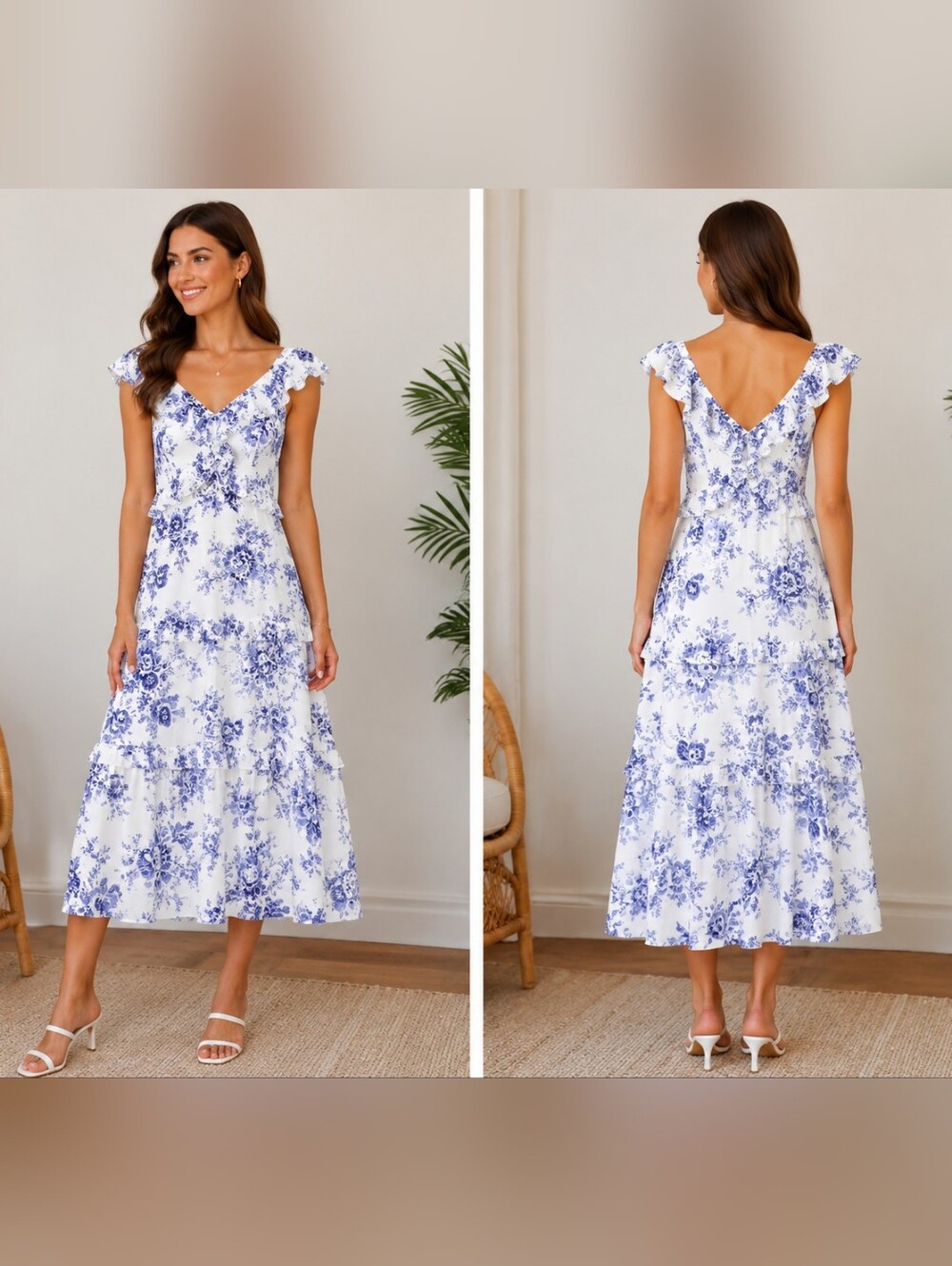 o.p.t Ivory Blue Floral Chiffon Midi Dress Fully Lined M